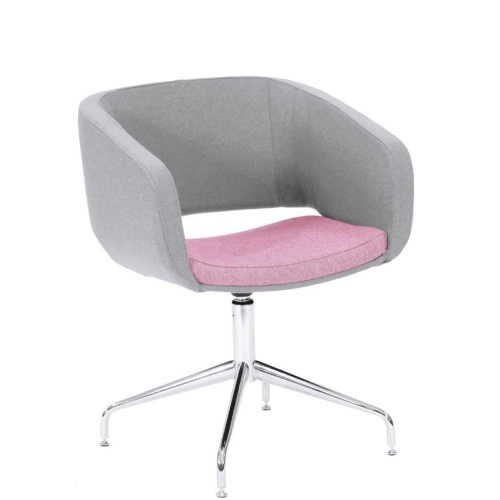 Swivel chair with pale pink cushioned seat and pale grey back and sides