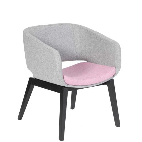 Breakout chair with pale pink cushioned seat and pale grey back and sides