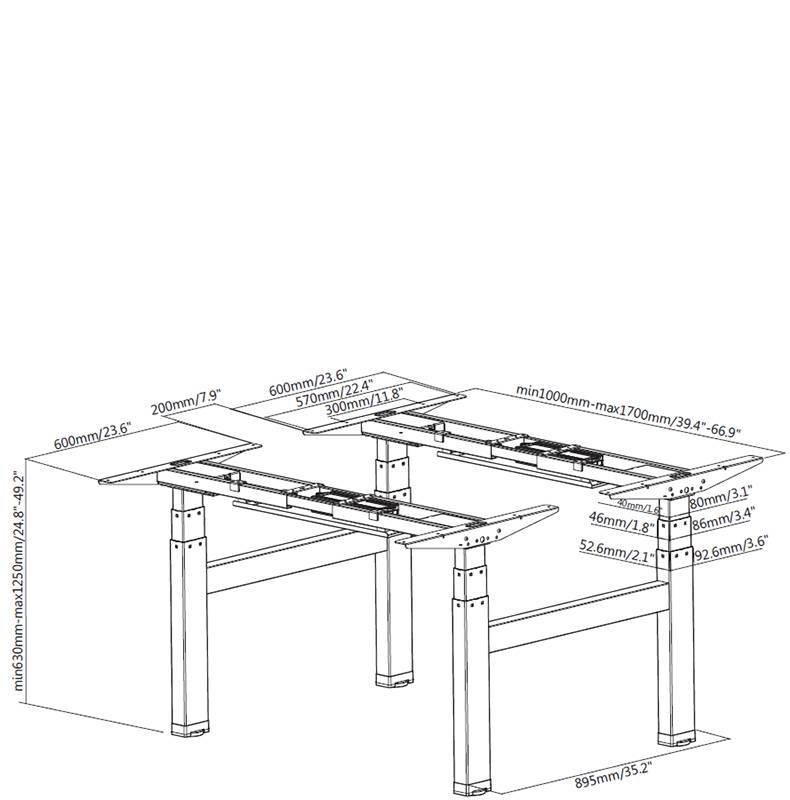 Dimension drawing of a sit-stand desk