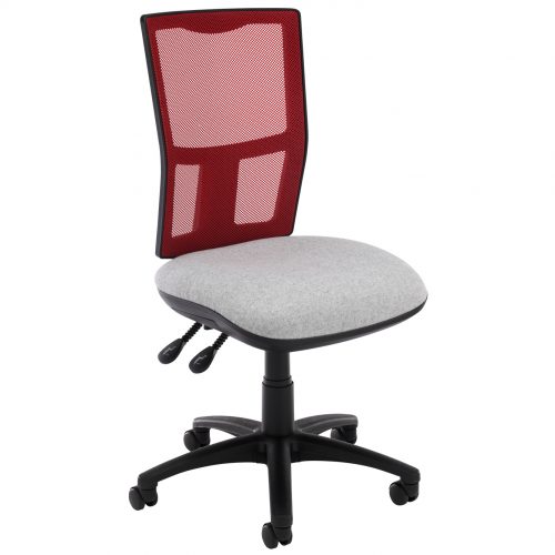 Desk chair with grey seat, red mesh back and black swivel base
