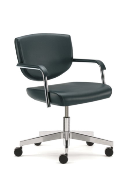 Black meeting chair with swivel base.