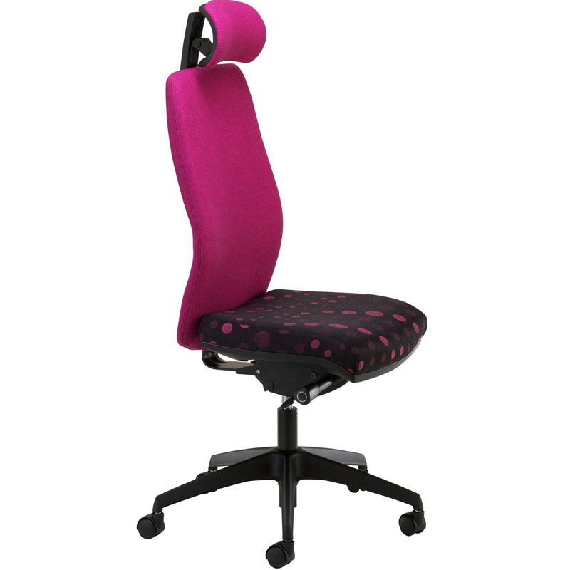 Desk chair with bright pink back and headrest, and pink and black patterned seat