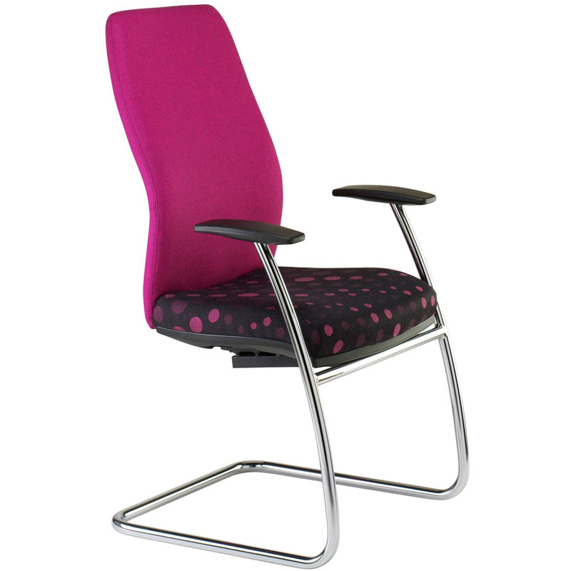 Office chair with bright pink back, black and pink patterned seat, and chrome base