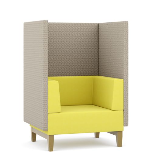 Booth seating with yellow chair and grey walls