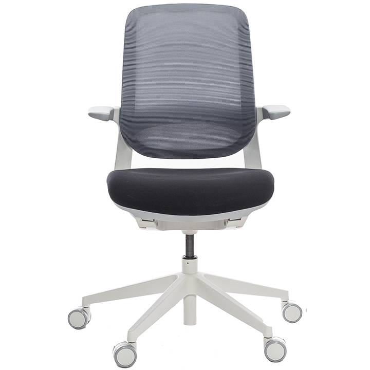 Black desk chair with mesh back and white base