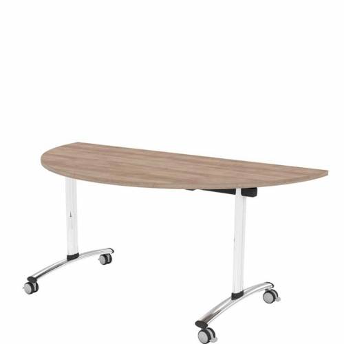 Flip top semi circular table with wooden top and chrome legs