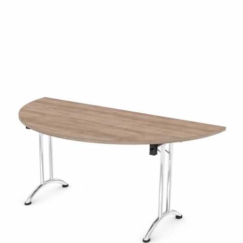 Folding semi circular table with wooden top and chrome legs
