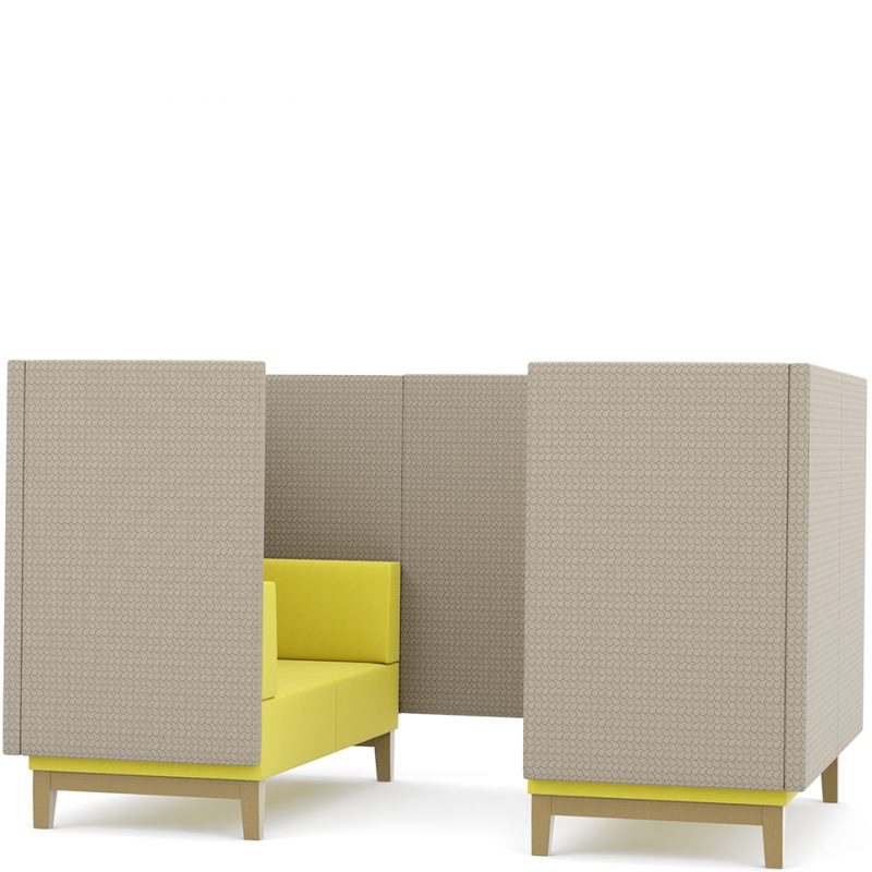 Booth seating with yellow chairs and grey partition walls