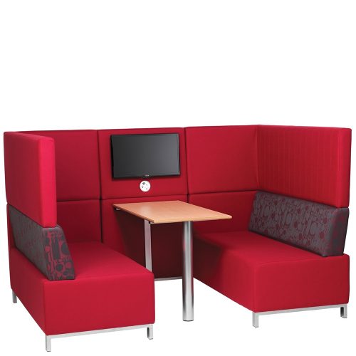 Red booth seating with table and tv