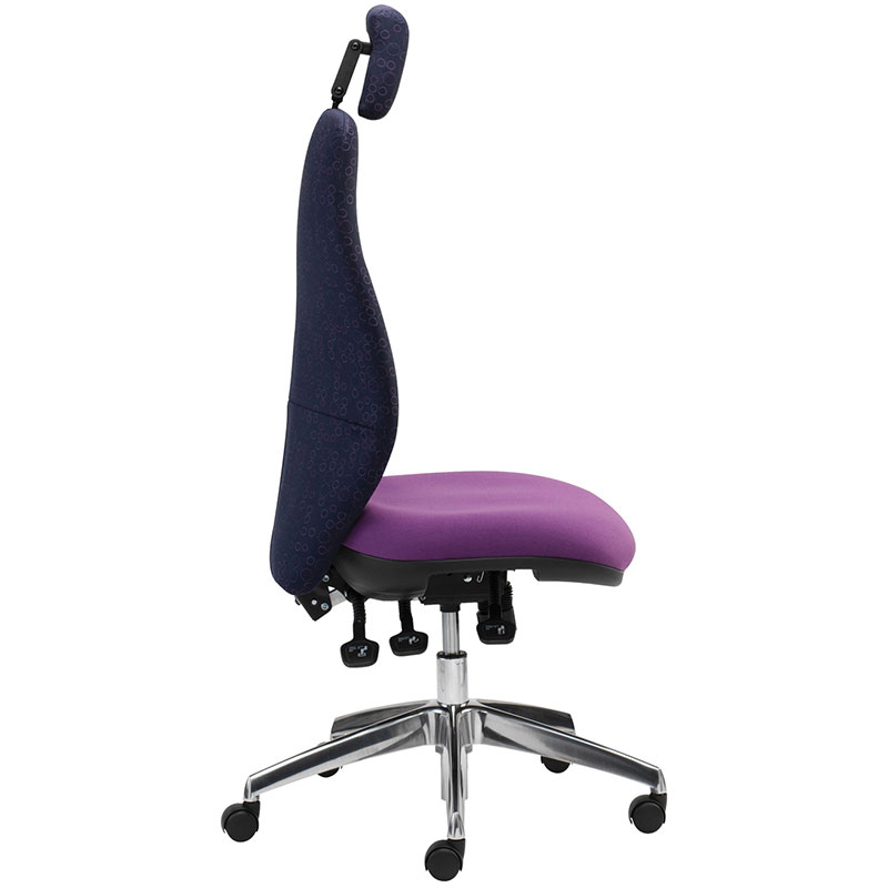 Purple swivel office chair with chrome base