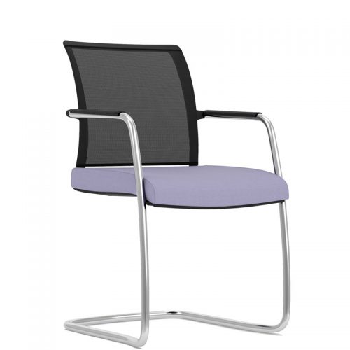 Office chair with lilac seat, black mesh back and chrome base
