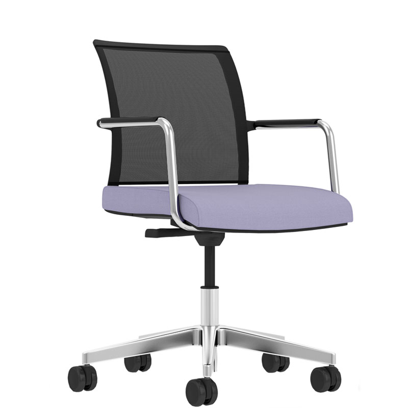 Office chair with lilac seat, black mesh back and chrome arms and base