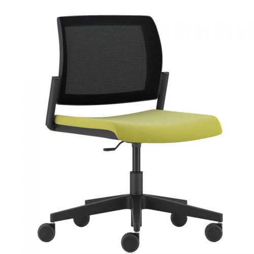 Swivel chair with pale green seat and black mesh back