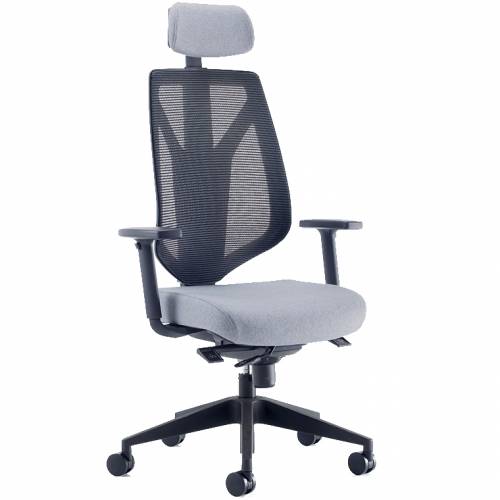 Swivel chair with grey seat and headrest, and black mesh back