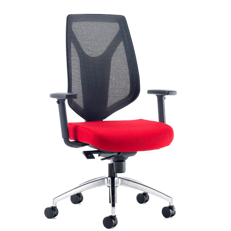 Swivel chair with red seat and black mesh back