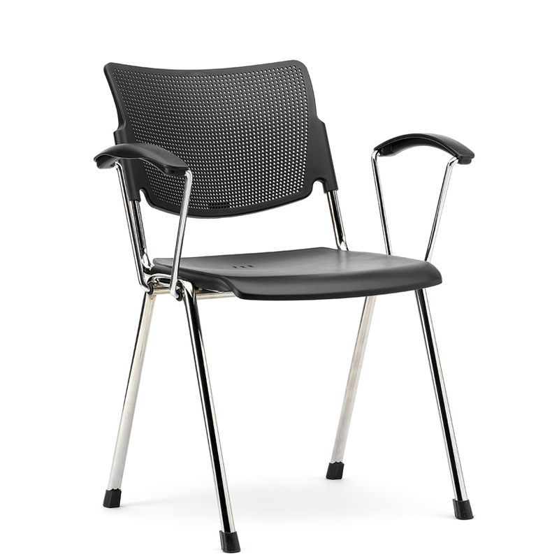 Meeting chair with black seat and mesh back, and chrome legs