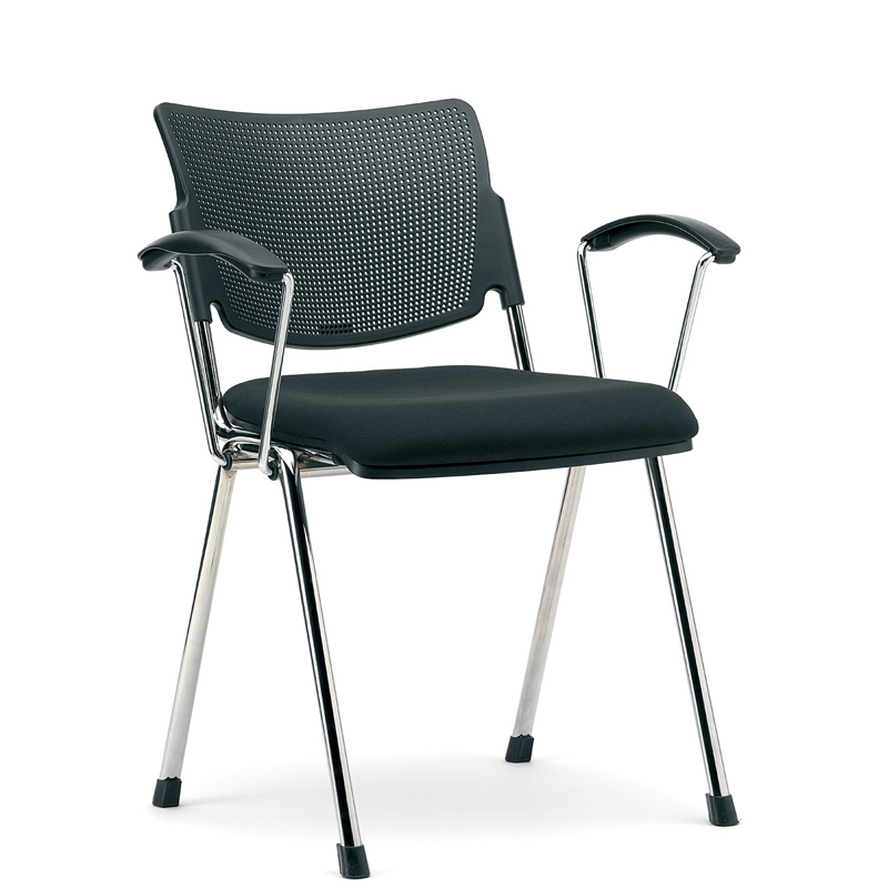 Meeting chair with black seat and mesh back, and chrome legs