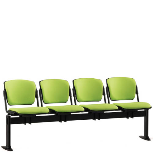 Four lime green seats on a black beam