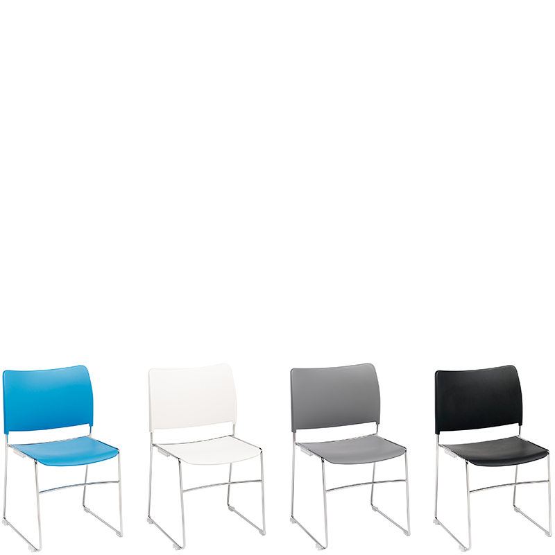 Four stacking chairs in blue, white, grey and black