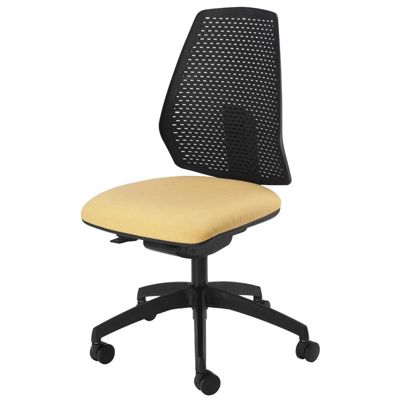 Desk chair with pale yellow seat and black mesh back