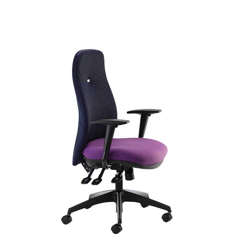 Purple and dark blue desk chair with black arms