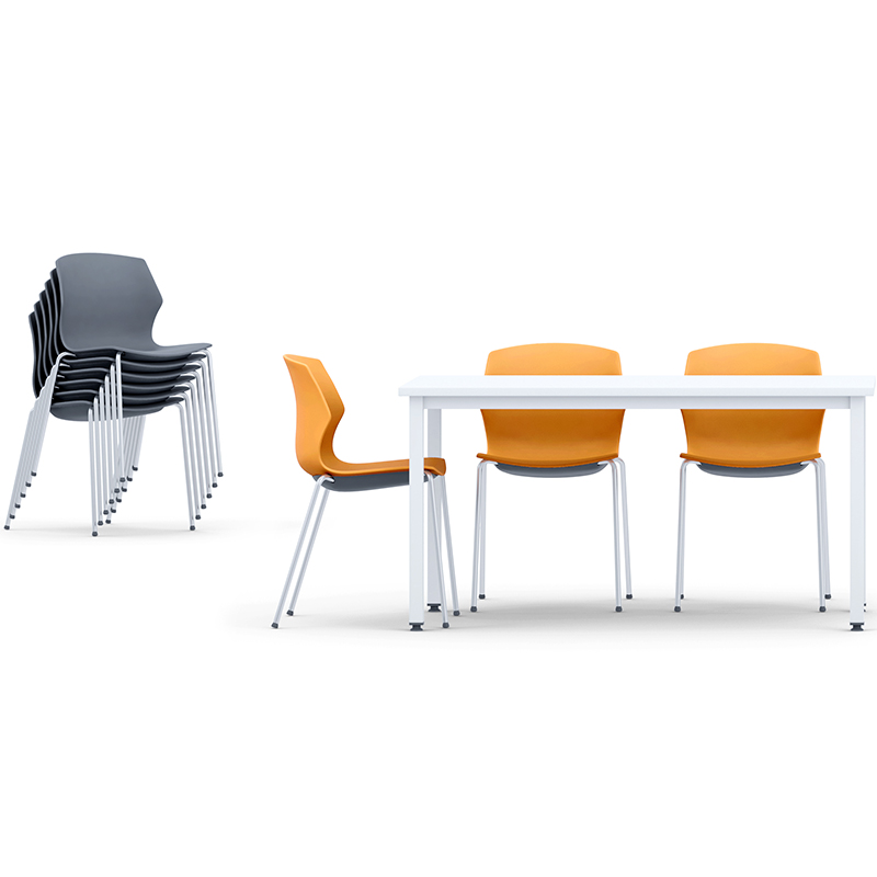 Three orange chairs around a rectangular table, and a stack of grey chairs