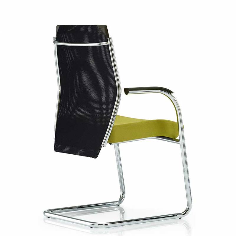 Meeting chair with lime green cushioned seat, black mesh back and chrome cantilever base