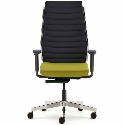 Meeting chair with lime green cushioned seat, black mesh back and chrome base
