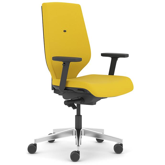 Yellow desk chair with black arms and chrome swivel base