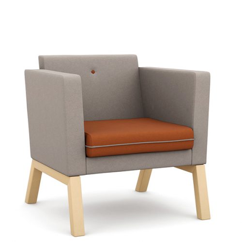 Low backed armchair with orange seat and grey back and sides
