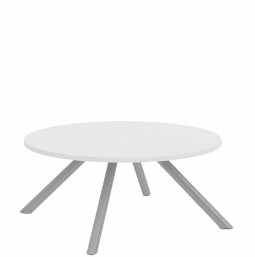 Round coffee table with white top and chrome legs