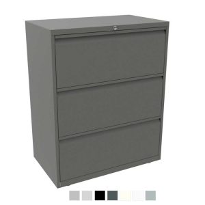 Grey filing cabinet with 3 drawers