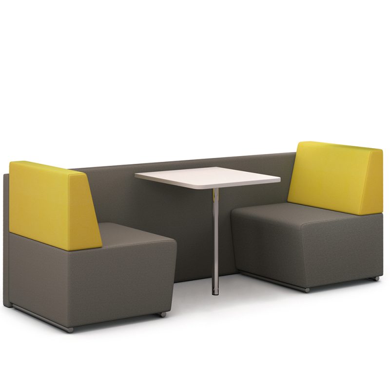 Yellow and grey banquette seating with white table