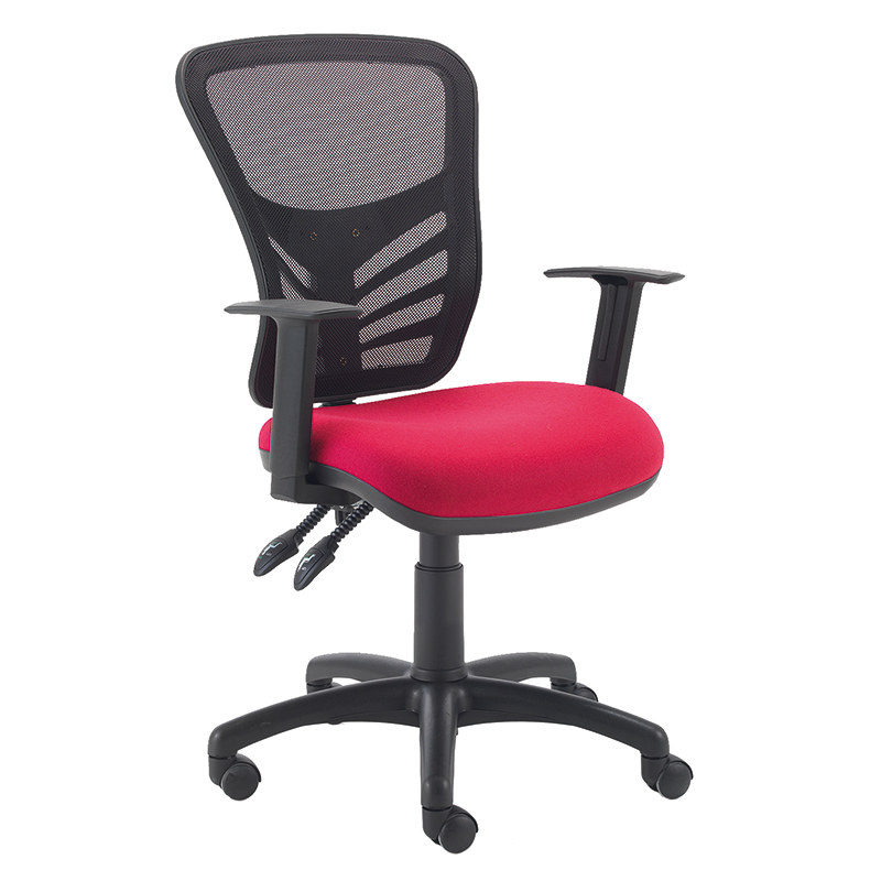 Swivel chair with red seat and black mesh back
