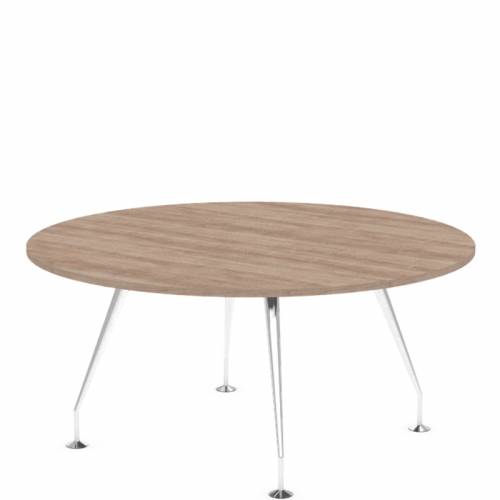 Circular meeting table wth wooden top and four chrome legs