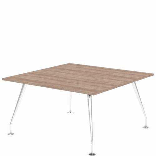 Square meeting table with wooden top and four chrome legs