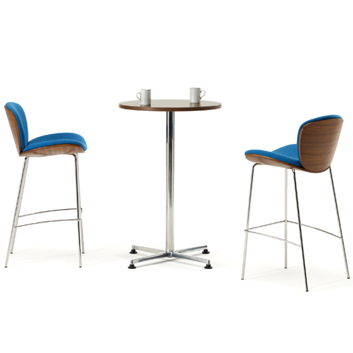 Blue and brown stools and a high round bar table