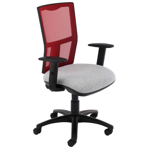 Desk chair with grey seat, red mesh back and black swivel base
