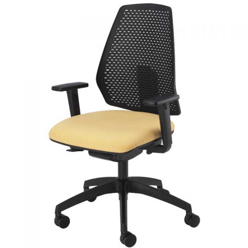 Desk chair with pale yellow seat, black mesh back and black arms