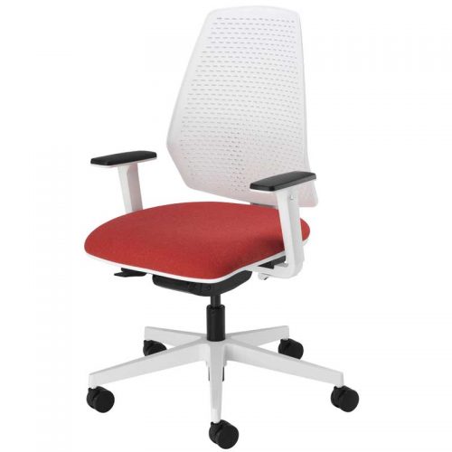 Desk chair with red seat, white back, black arms