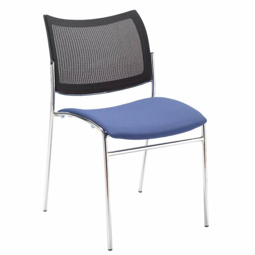 Office chair with blue seat, black mesh back and chrome legs