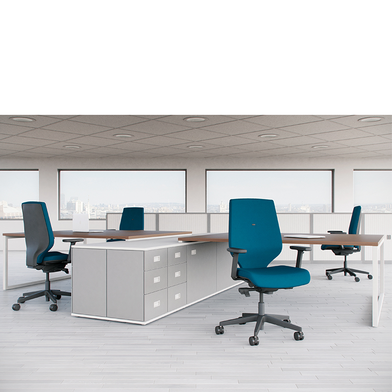 Office setting with brown desks, grey storage and blue swivel chairs