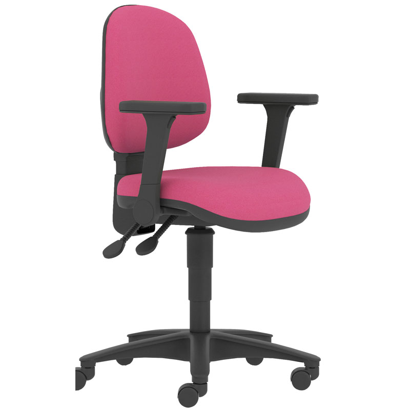 Pink swivel chair with black arms and black base
