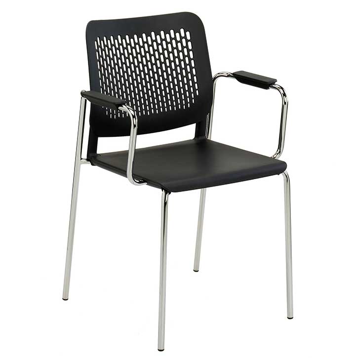 Tryo stacking chair with black seat, black back and chrome legs