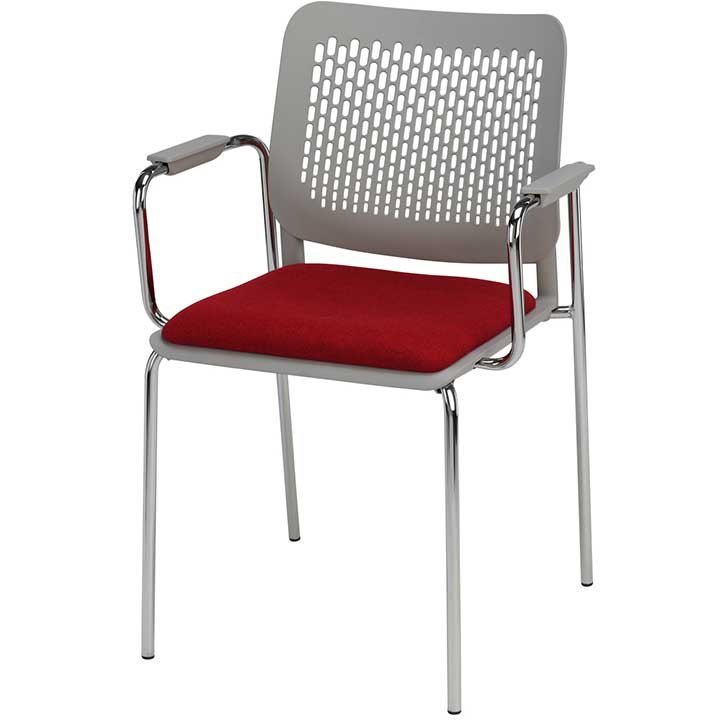 Tryo stacking chair with red seat, grey back and chrome legs
