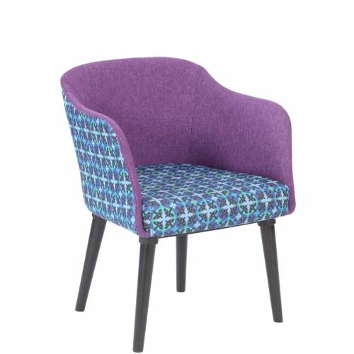 Cushioned chair with blue patterned seat and purple back
