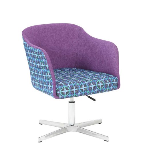 Swivel chair with blue patterned seat and purple back