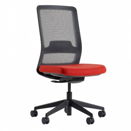 Office chair with red seat, black mesh back and black base
