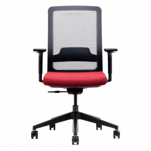 Office chair with red seat, black mesh back and black base