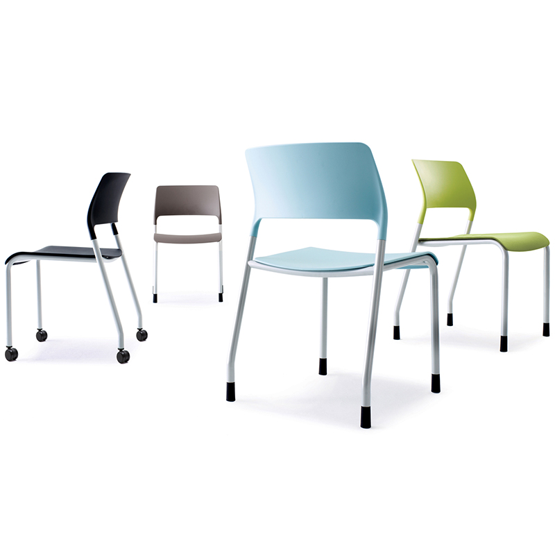 Four stacking chairs in various colours